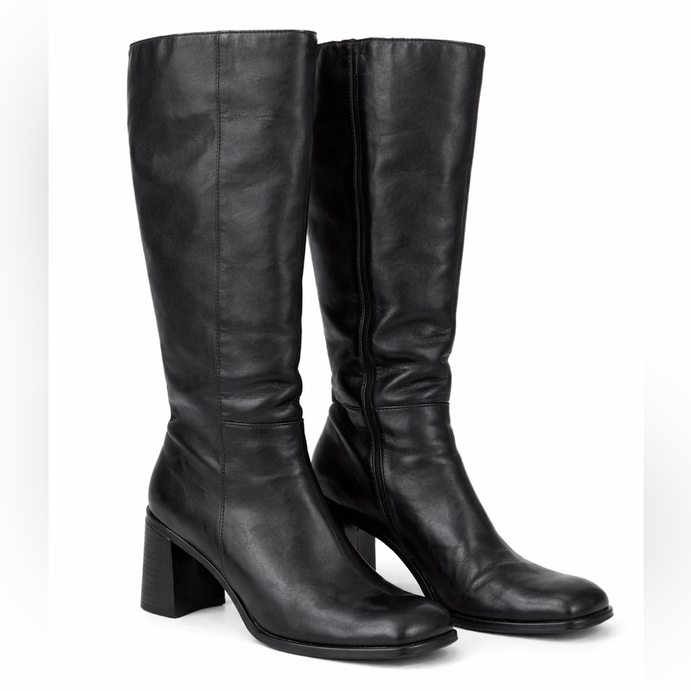 Vintage Connie Black Leather Knee High Boots Block Heel 90s Womens 9.5